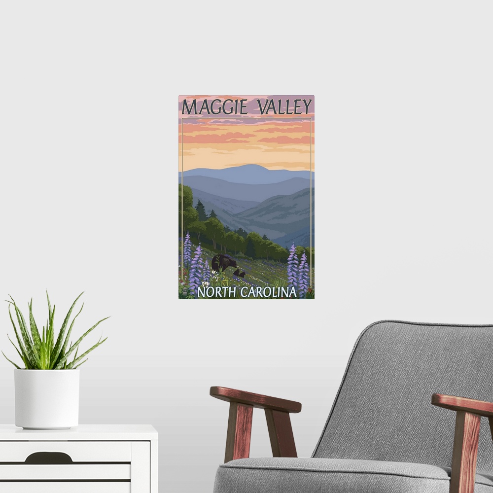 A modern room featuring Maggie Valley, North Carolina - Bear Family and Spring Flowers: Retro Travel Poster