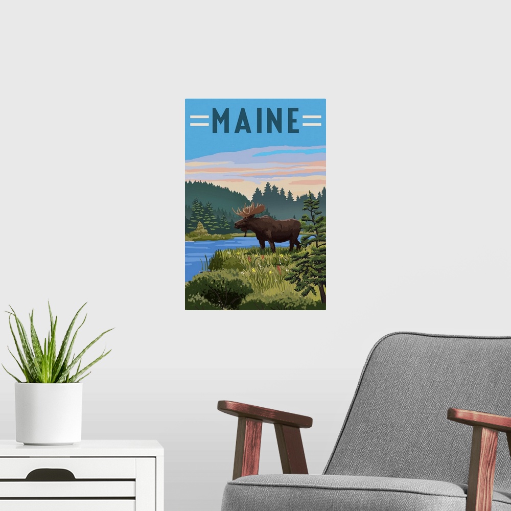 A modern room featuring Maine - Moose - Summer Scene