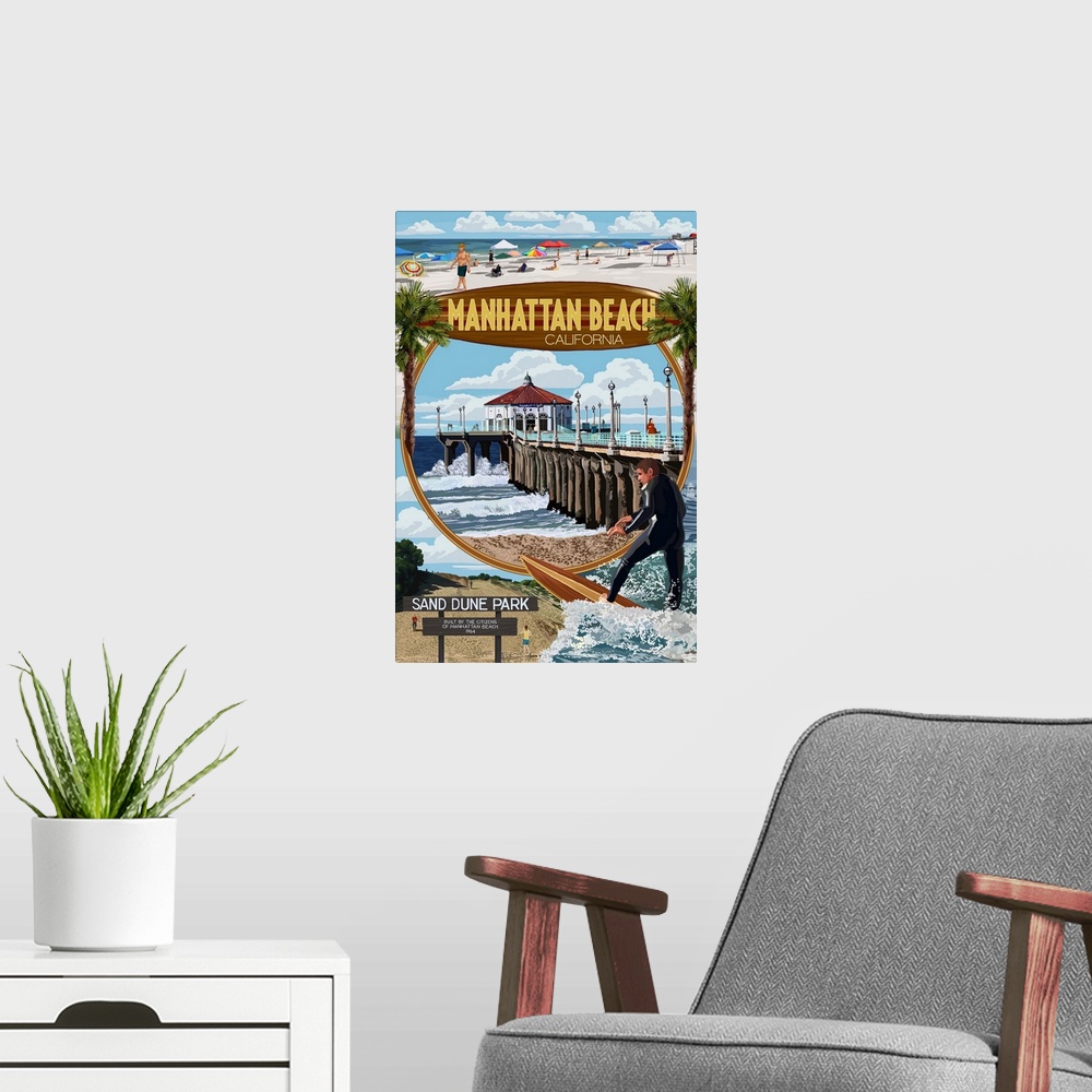 A modern room featuring Manhattan Beach, California - Montage Scenes: Retro Travel Poster