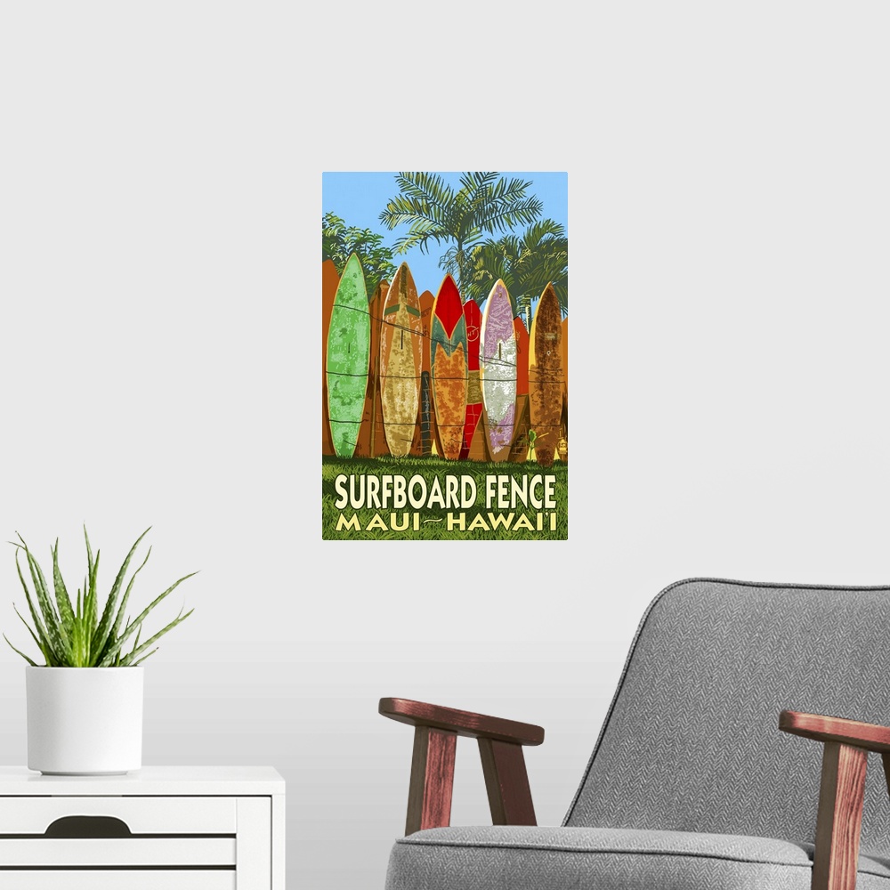 A modern room featuring Maui, Hawaii - Surfboard Fence: Retro Travel Poster