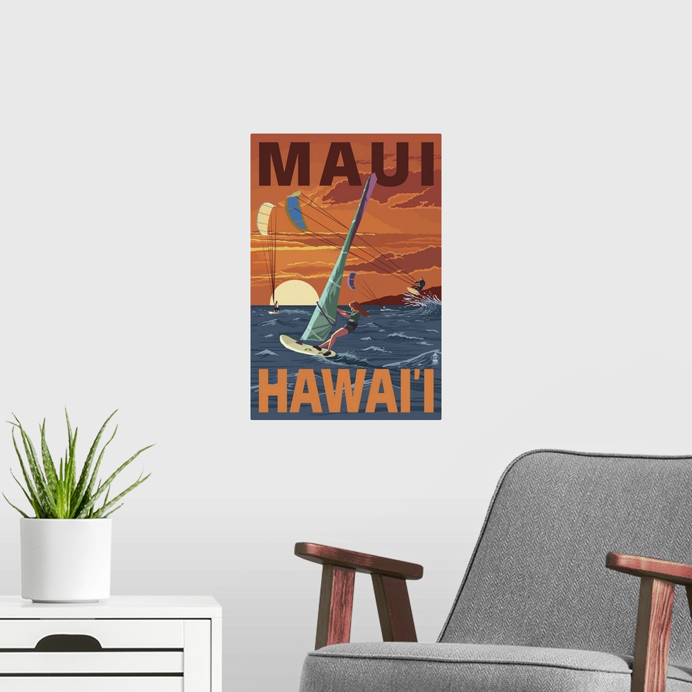 A modern room featuring Maui, Hawaii - Windsurfers Scene at Sunset: Retro Travel Poster