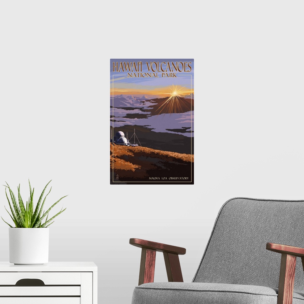 A modern room featuring Mauna Loa Observatory at Sunrise, Hawaii Volcanoes National Park: Retro Travel Poster