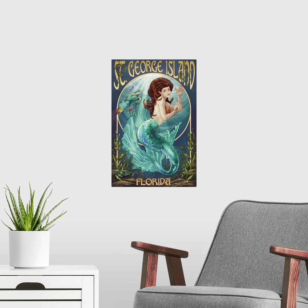 A modern room featuring Retro stylized art poster of an Art Nouveau style mermaid.