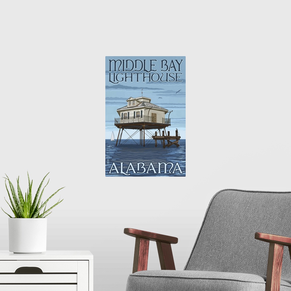 A modern room featuring Retro stylized art poster of lighthouse stilted over the ocean.