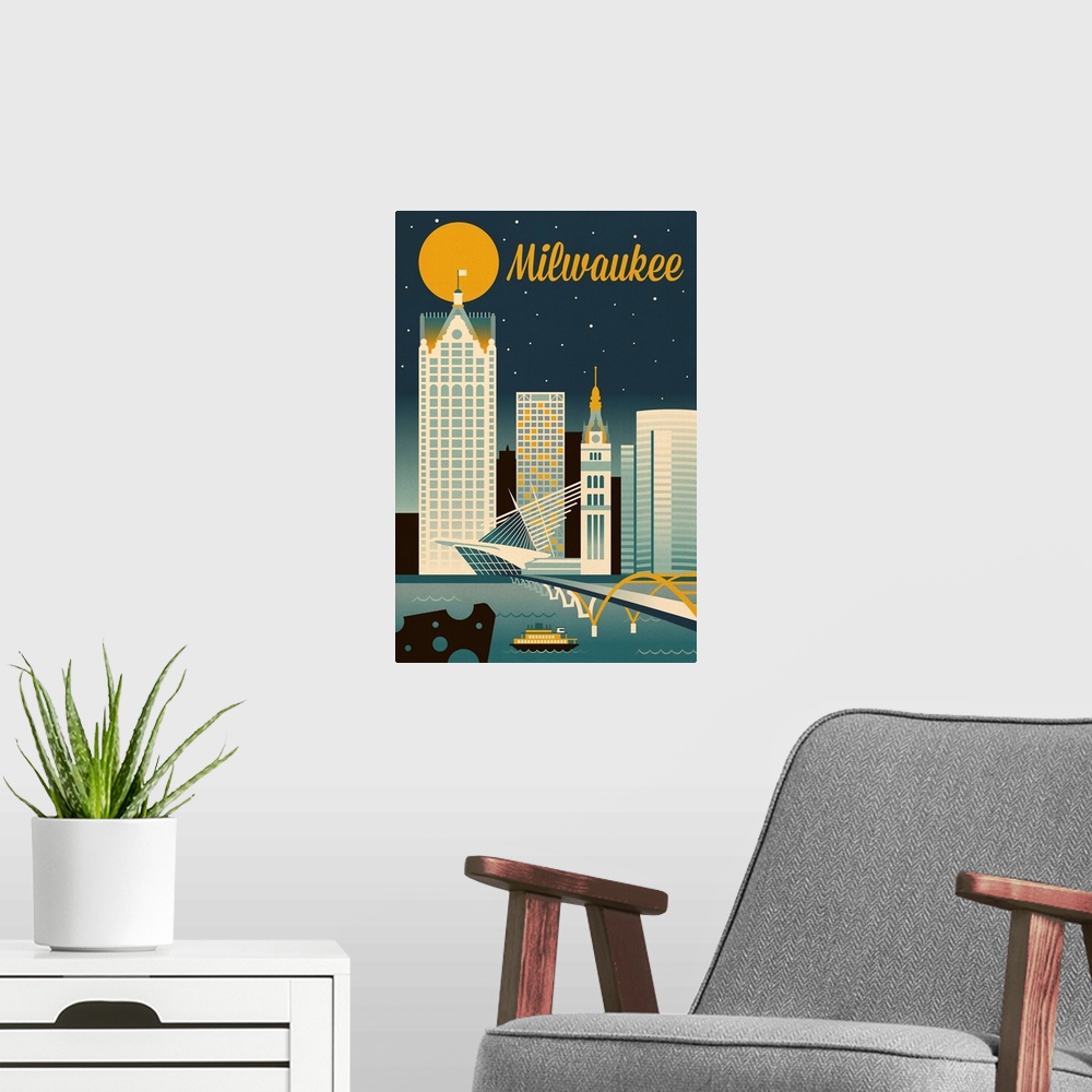 A modern room featuring Milwaukee, Wisconsin - Retro Skyline Classic Series