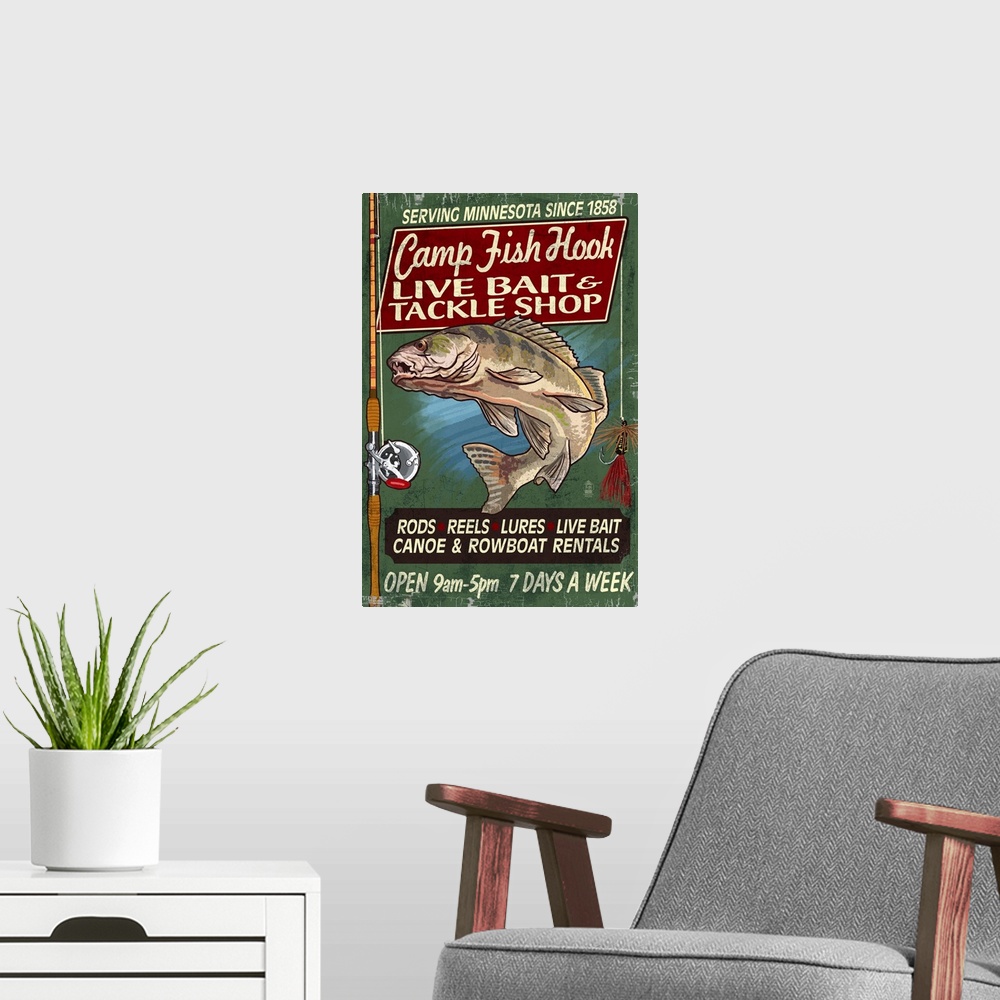 A modern room featuring Retro stylized art poster of a vintage sign with an image of a fish and tackle gear.