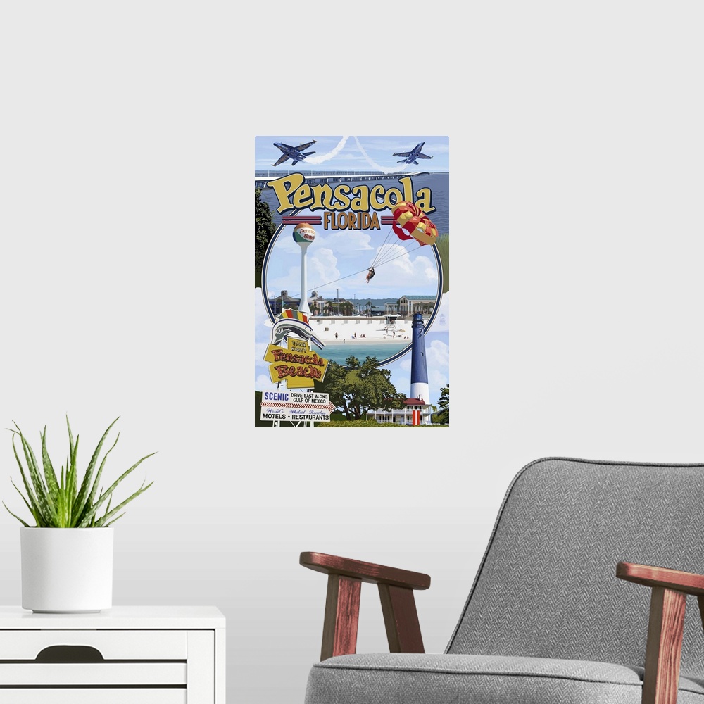 A modern room featuring Montage Scenes - Pensacola, Florida: Retro Travel Poster