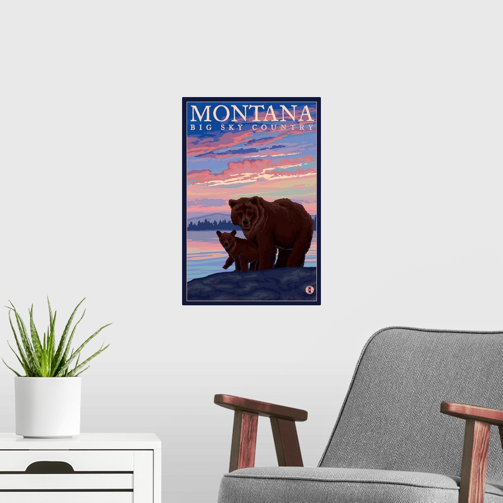 A modern room featuring Montana - Bear and Cub: Retro Travel Poster