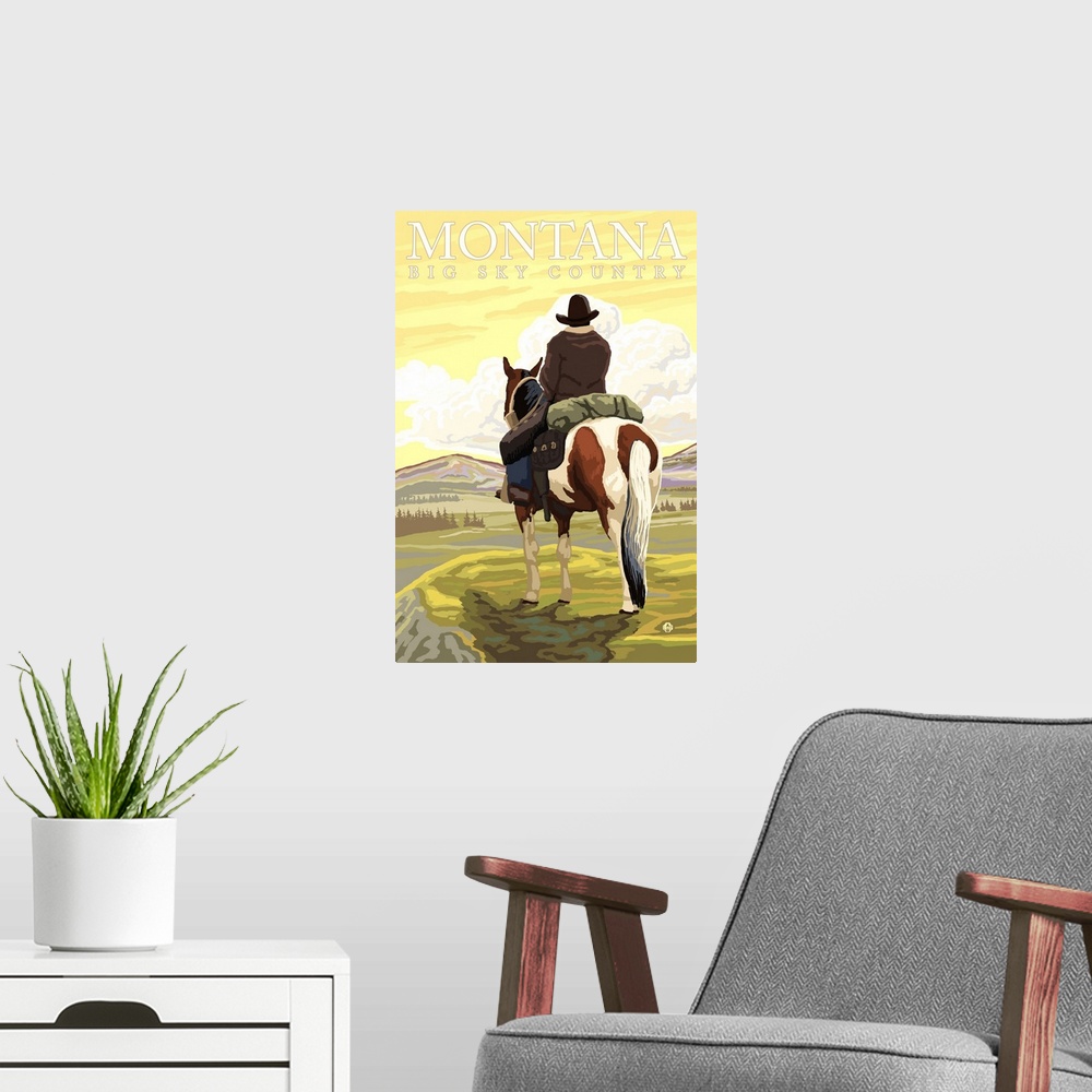 A modern room featuring Montana, Big Sky Country - Cowboy: Retro Travel Poster