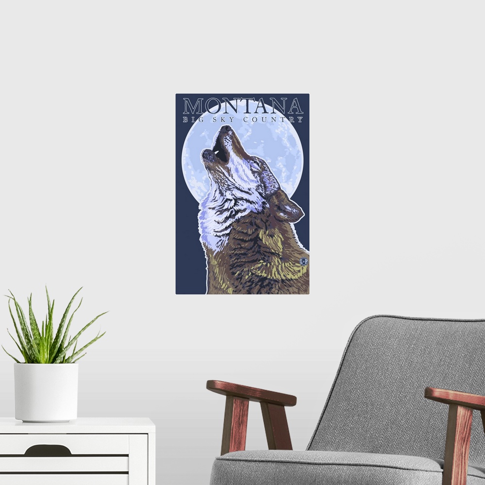 A modern room featuring Montana -- Big Sky Country - Howling Wolf: Retro Travel Poster