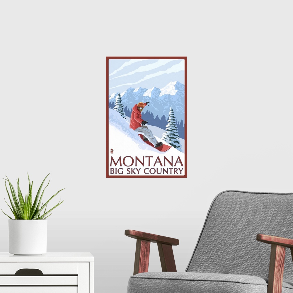 A modern room featuring Montana - Big Sky Country - Snowboarder: Retro Travel Poster