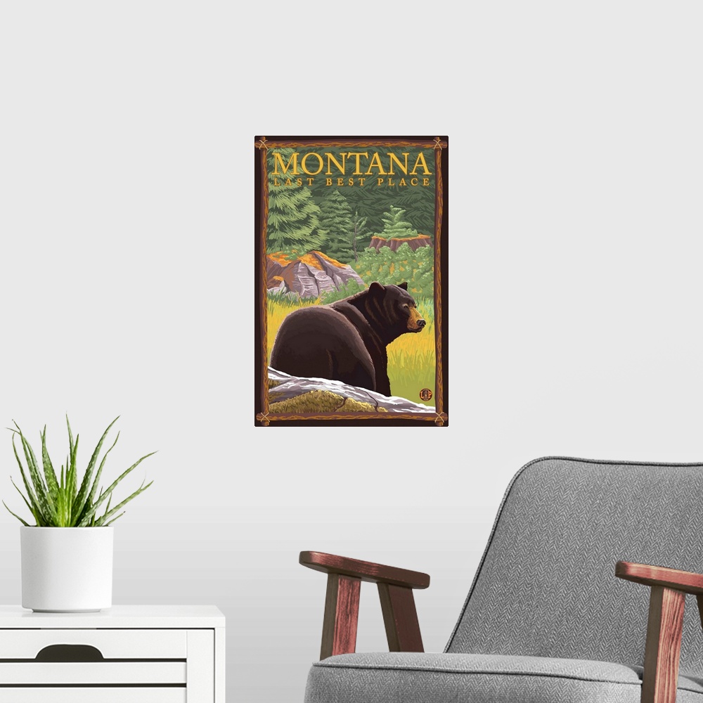 A modern room featuring Montana, Last Best Place - Bear in Forest: Retro Travel Poster