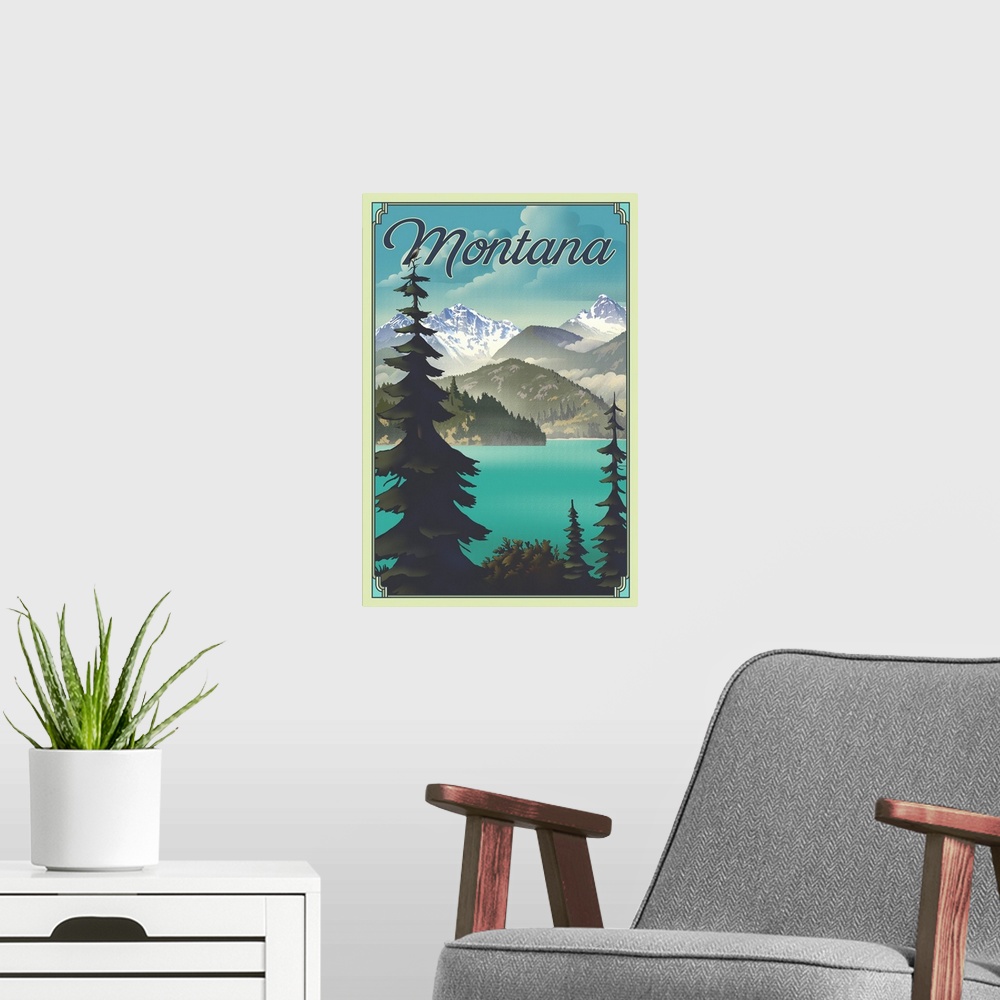 A modern room featuring Montana - Lithograph National Park Series