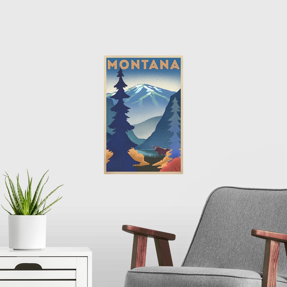 A modern room featuring Montana - Mountain & Moose - Lithograph