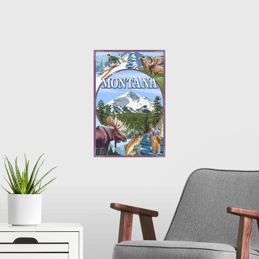 A modern room featuring Retro stylized art poster of a moose and fisherman with a skier and full curl sheep.