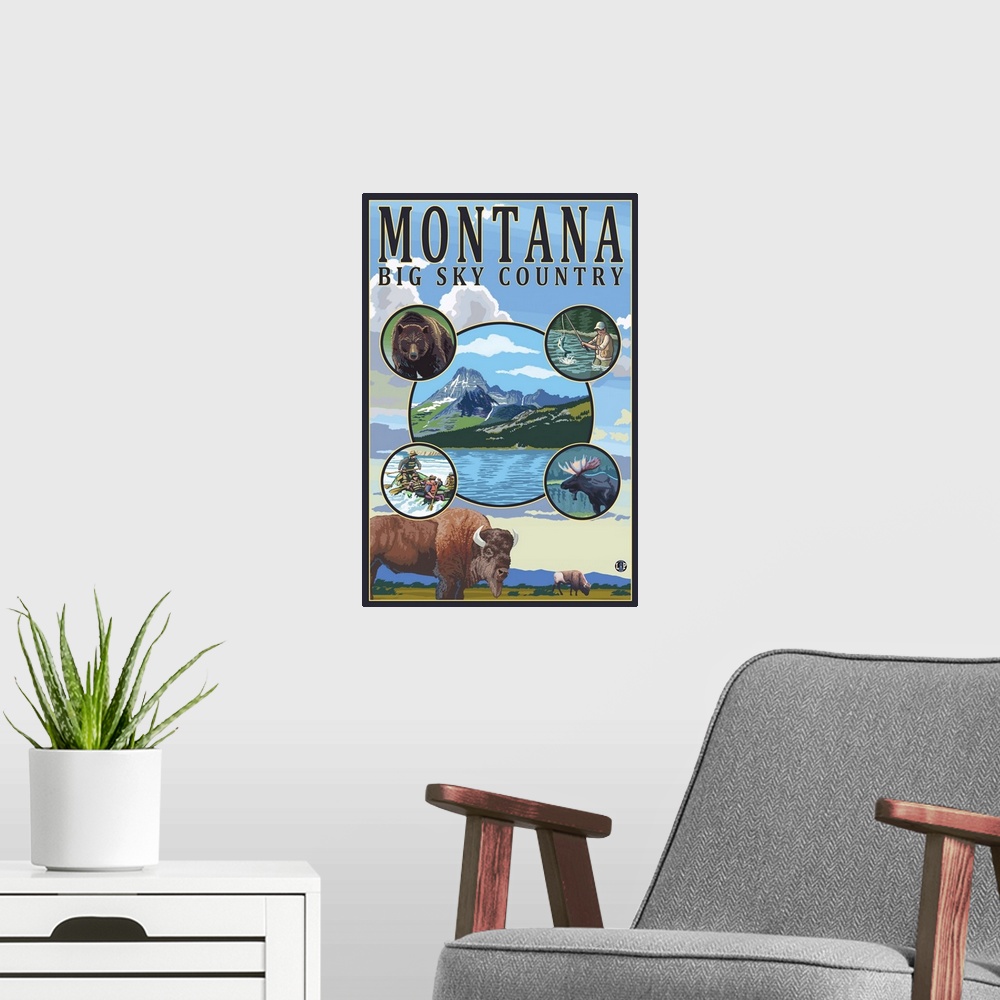 A modern room featuring Montana State Scenes: Retro Travel Poster