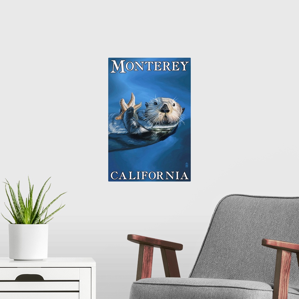 A modern room featuring Retro stylized art poster of a sea otter floating on its back in the ocean, holding a starfish.