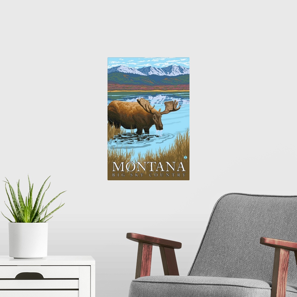 A modern room featuring Moose Drinking at Lake - Montana: Retro Travel Poster