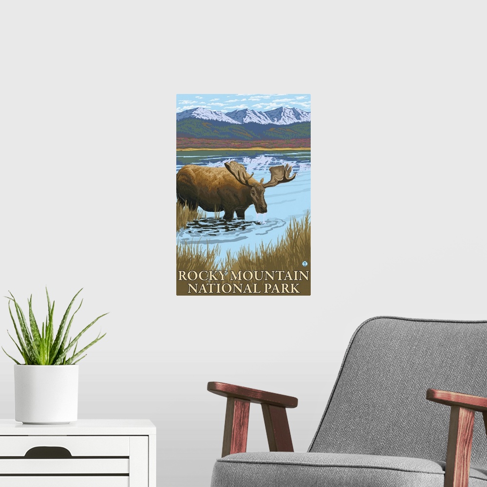 A modern room featuring Moose Drinking - Rocky Mountain National Park: Retro Travel Poster