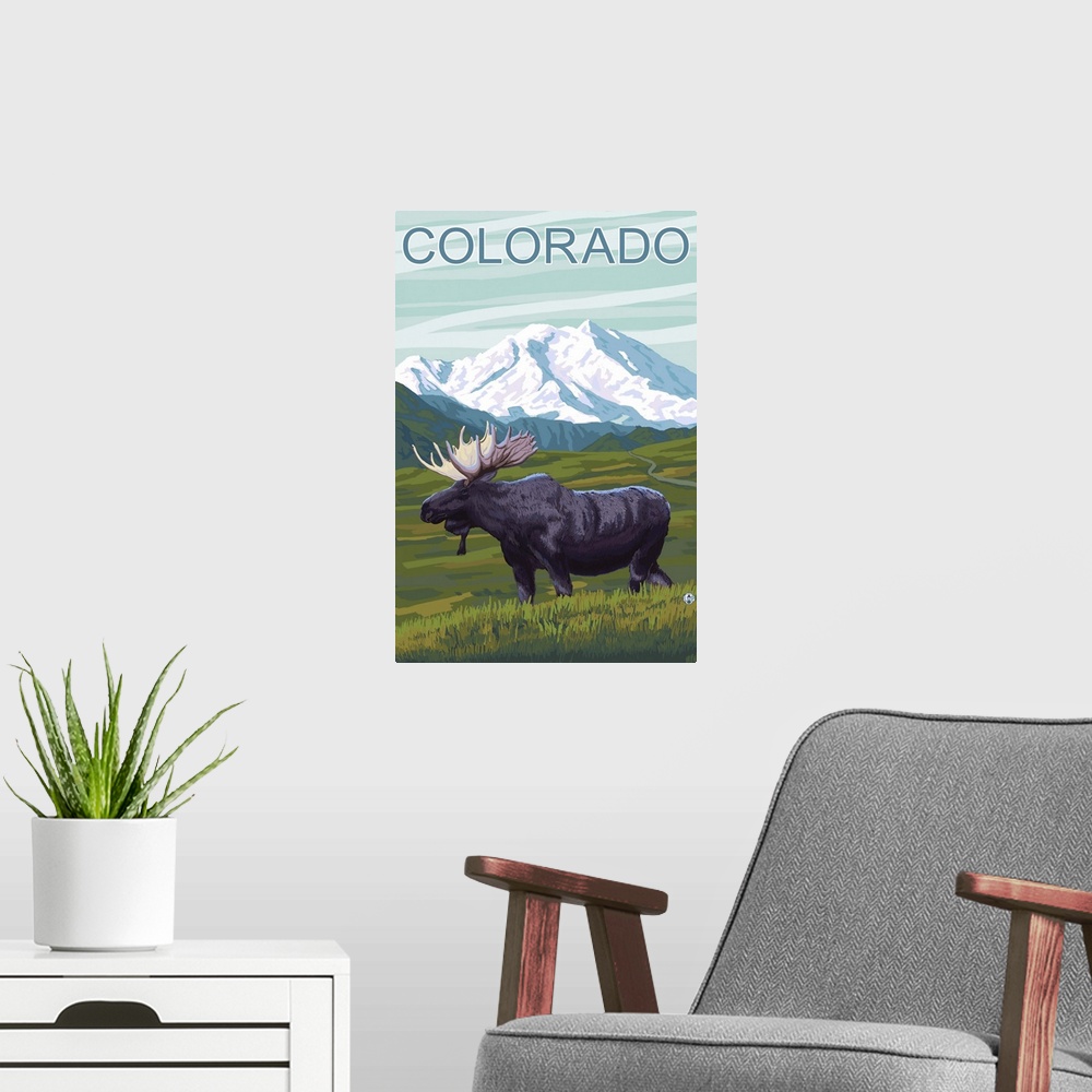 A modern room featuring Moose with Mountain - Colorado: Retro Travel Poster