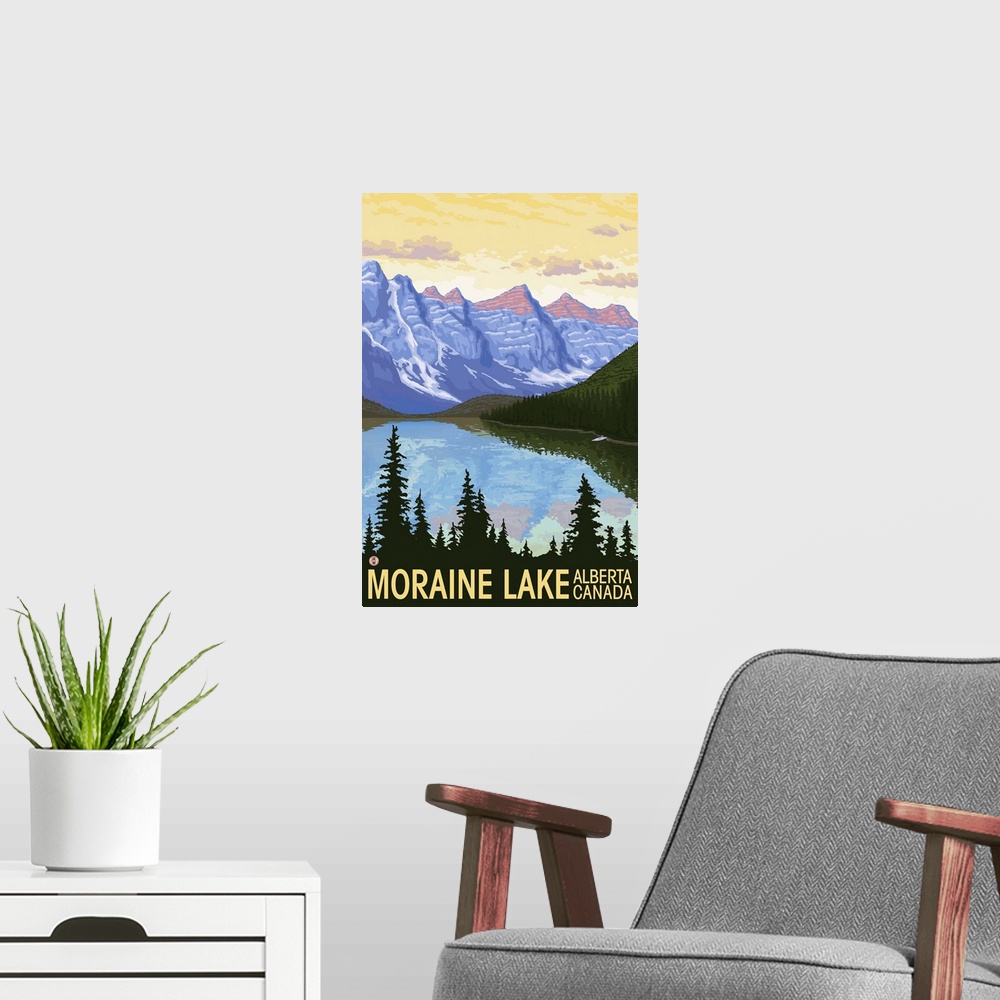 A modern room featuring Moraine Lake, Alberta, Canada: Retro Travel Poster
