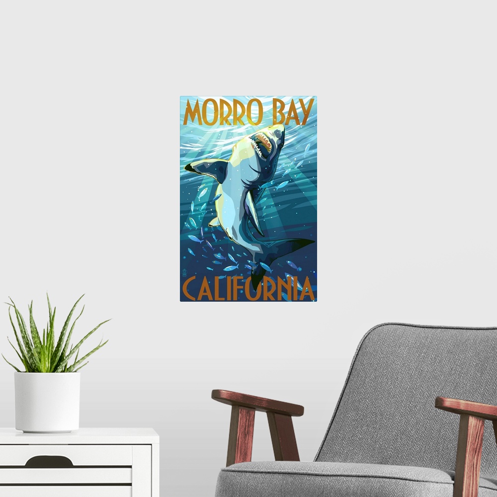 A modern room featuring Retro stylized art poster of a great white shark swimming near the surface of the ocean.