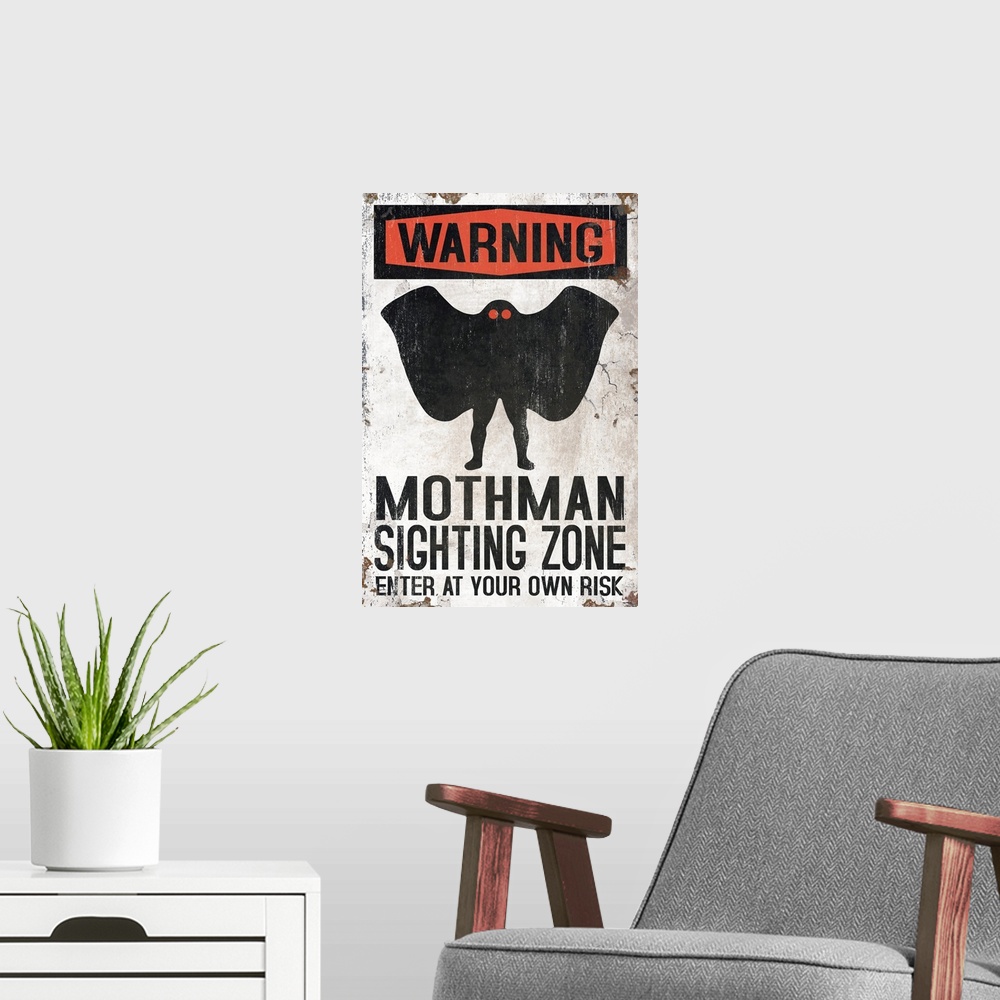 A modern room featuring Mothman Sighting Zone - Enter At Your Own Risk