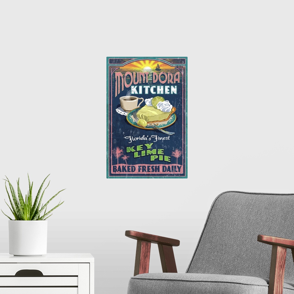 A modern room featuring Retro stylized art poster of a vintage sign advertising a slice of key lime pie, with a cup of co...