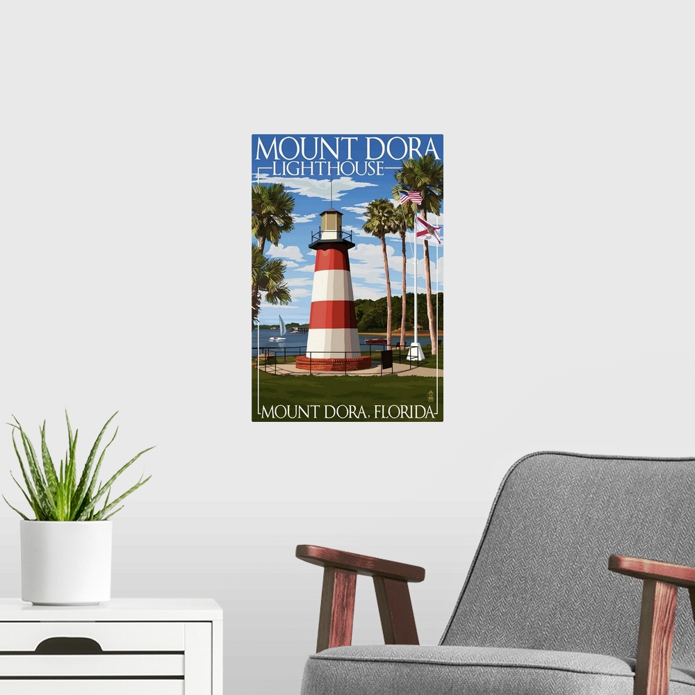 A modern room featuring Retro stylized art poster of a striped lighthouse surrounded by tall palm trees.