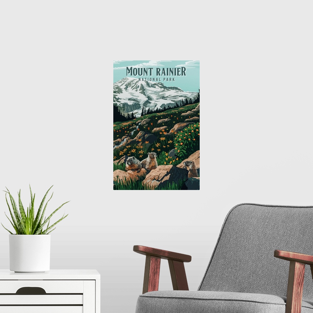 A modern room featuring Mount Rainier National Park, Marmot In A Wildflower Field: Retro Travel Poster