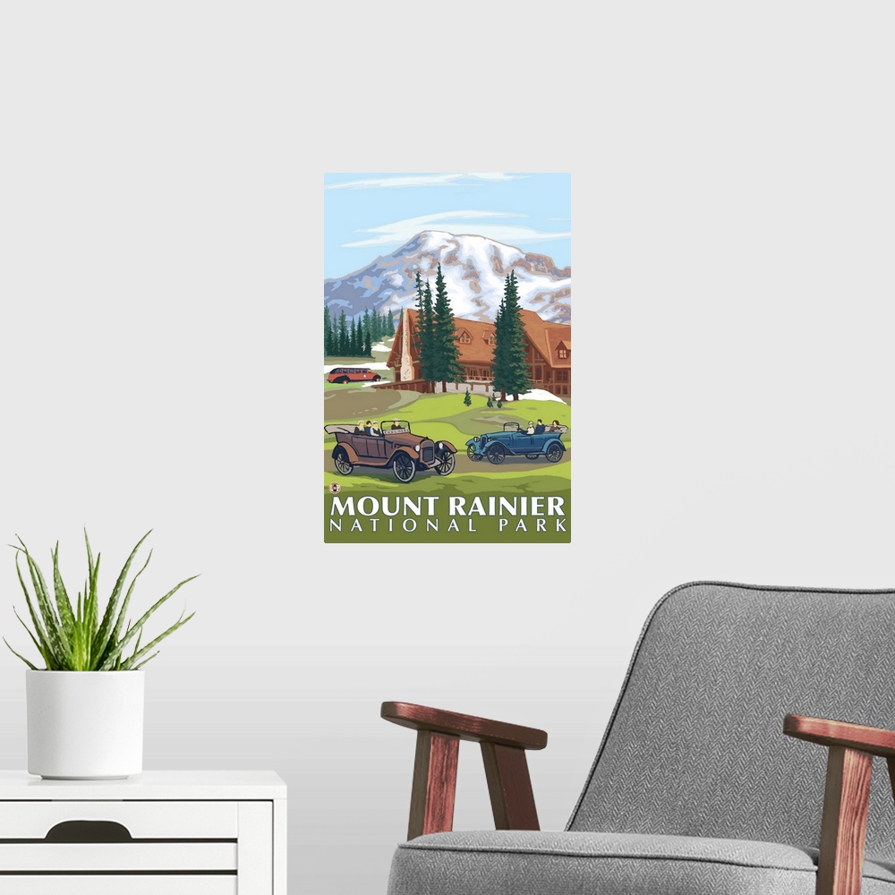 A modern room featuring Mount Rainier - Paradise Lodge and Chalmers: Retro Travel Poster