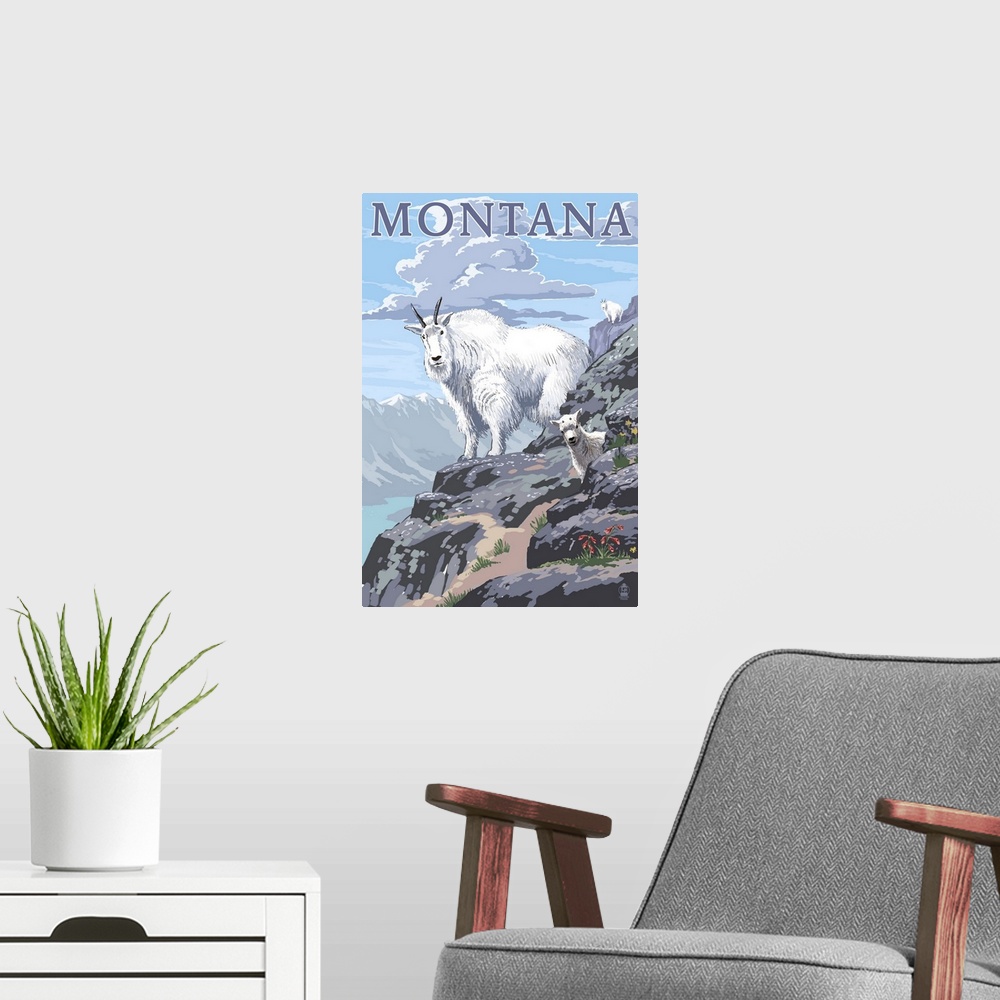 A modern room featuring Retro stylized art poster of a mountain goat with its young, on a rocky surface.