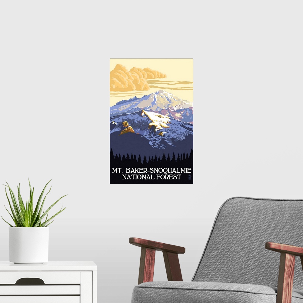A modern room featuring Mt. Baker Snoqualmie National Forest: Retro Travel Poster