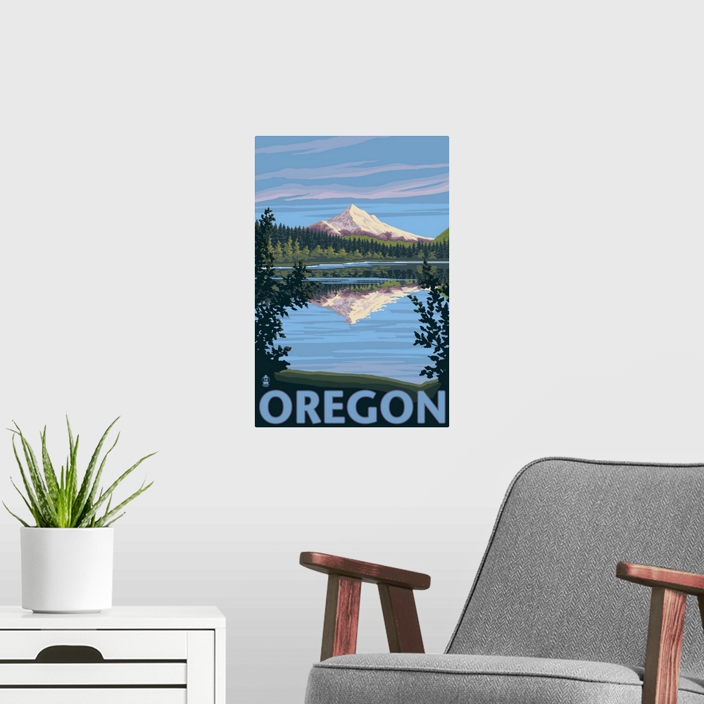 A modern room featuring Retro stylized art poster of a mountain casting a reflection in a clear blue lake.