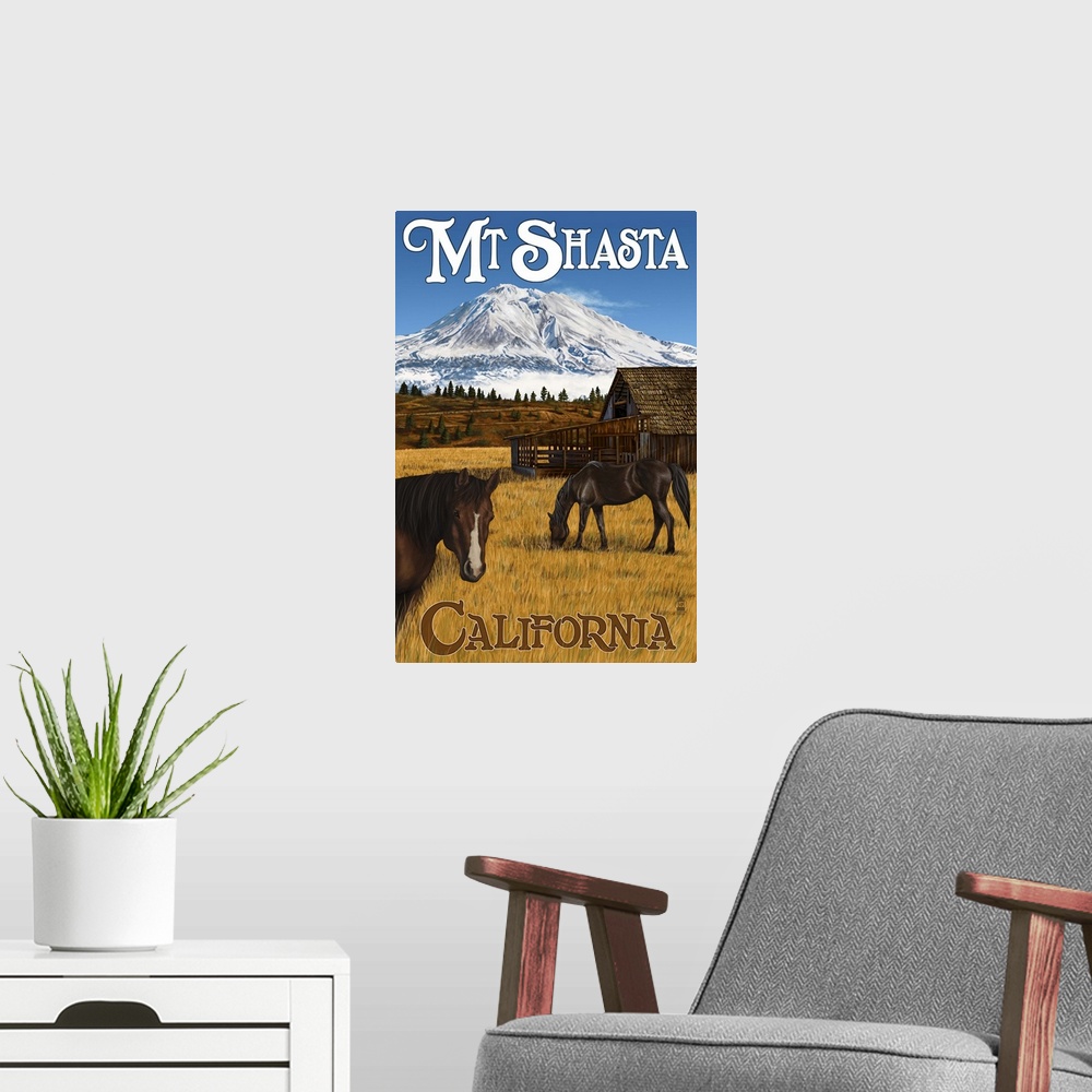 A modern room featuring Mt. Shasta and Horses: Retro Travel Poster