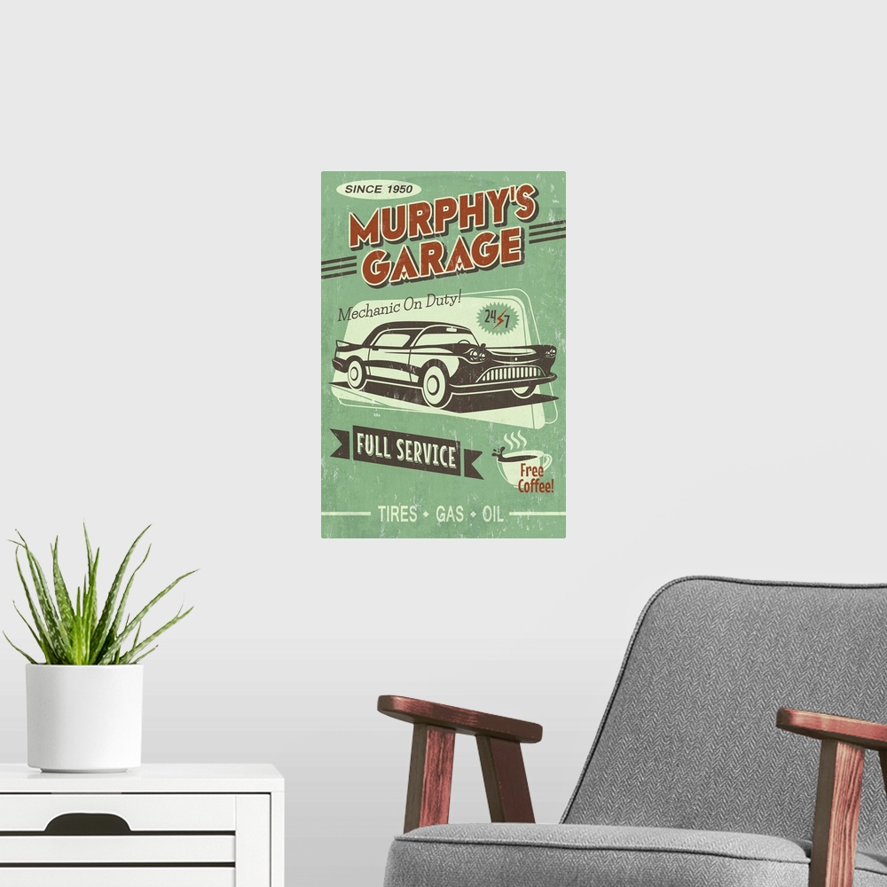 A modern room featuring Murphy's Full Service Garage, Vintage Sign