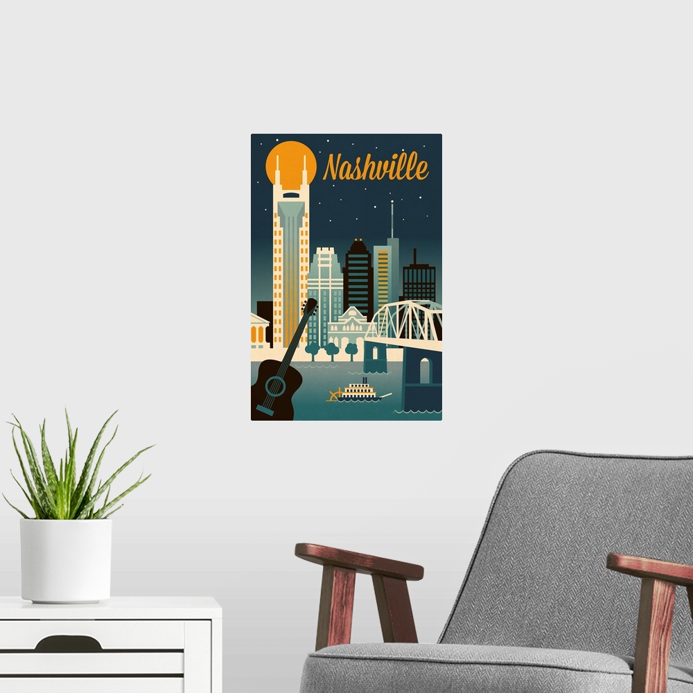 A modern room featuring Nashville, Tennessee - Retro Skyline Classic Series -  Lantern Press Artwork