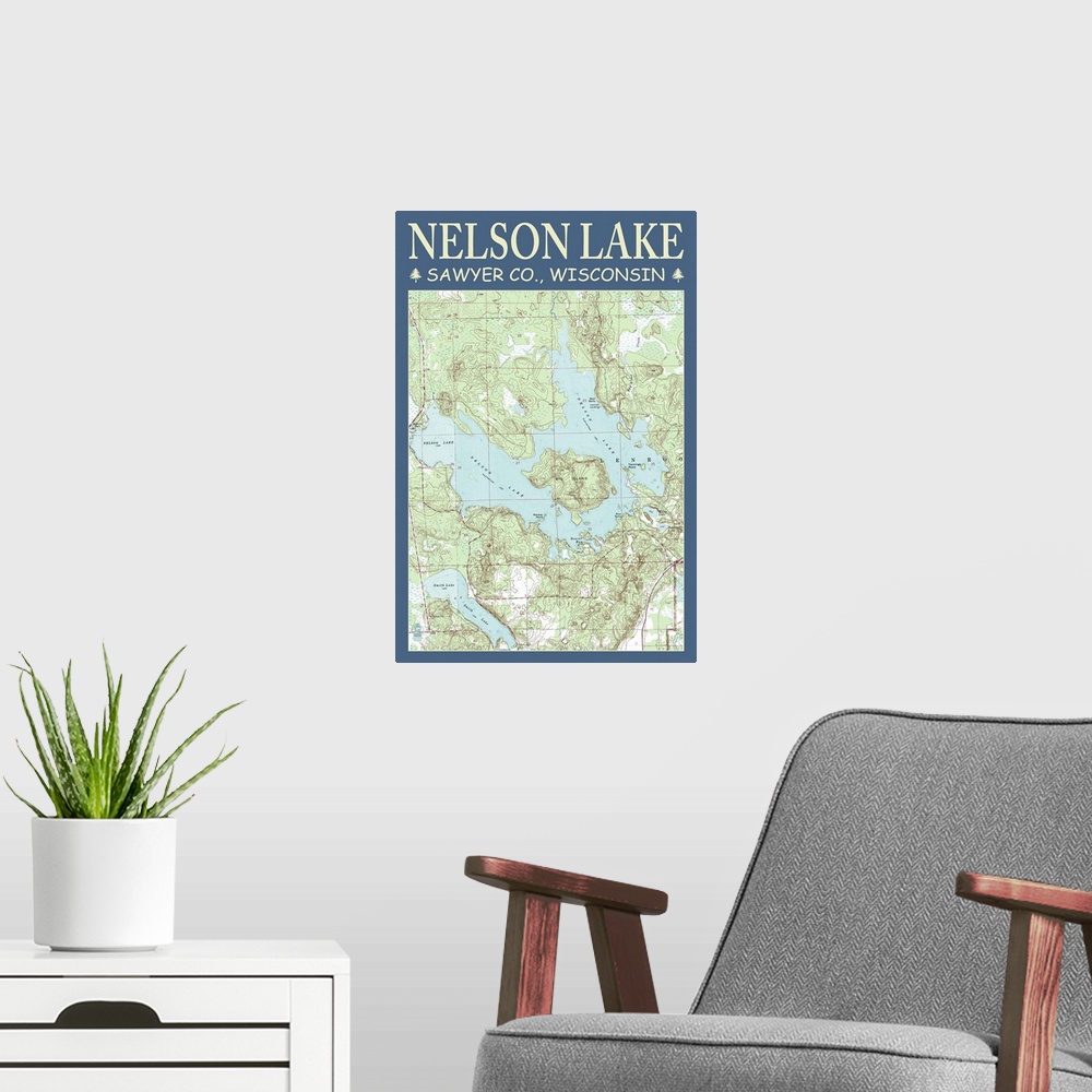 A modern room featuring Nelson Lake Chart, Sawyer County, Wisconsin