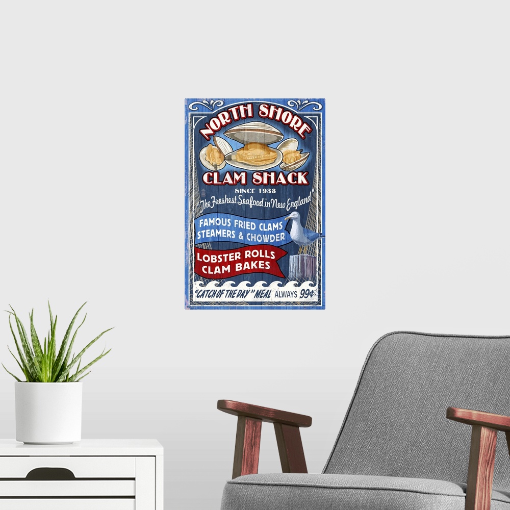 A modern room featuring New England - Clam Shack Vintage Sign: Retro Travel Poster
