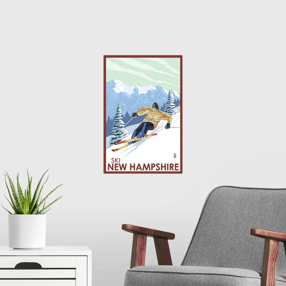 A modern room featuring New Hampshire - Downhill Skier: Retro Travel Poster