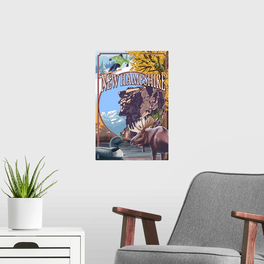A modern room featuring New Hampshire - Montage Scenes w/ Old Man: Retro Travel Poster