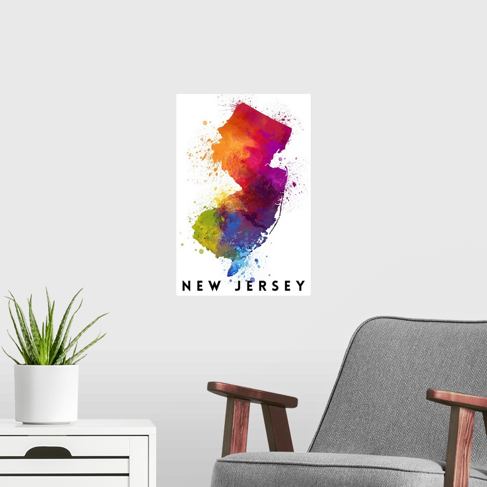 A modern room featuring New Jersey - State Abstract Watercolor
