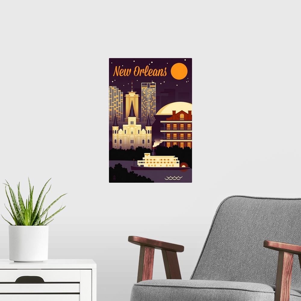 A modern room featuring New Orleans, Louisiana - Retro Skyline Chromatic Series