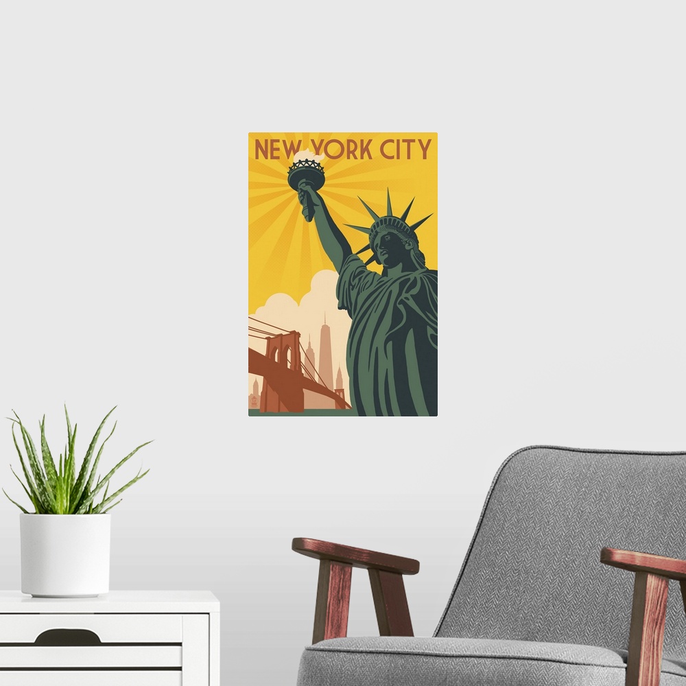 A modern room featuring New York City, New York, Statue of Liberty and Bridge