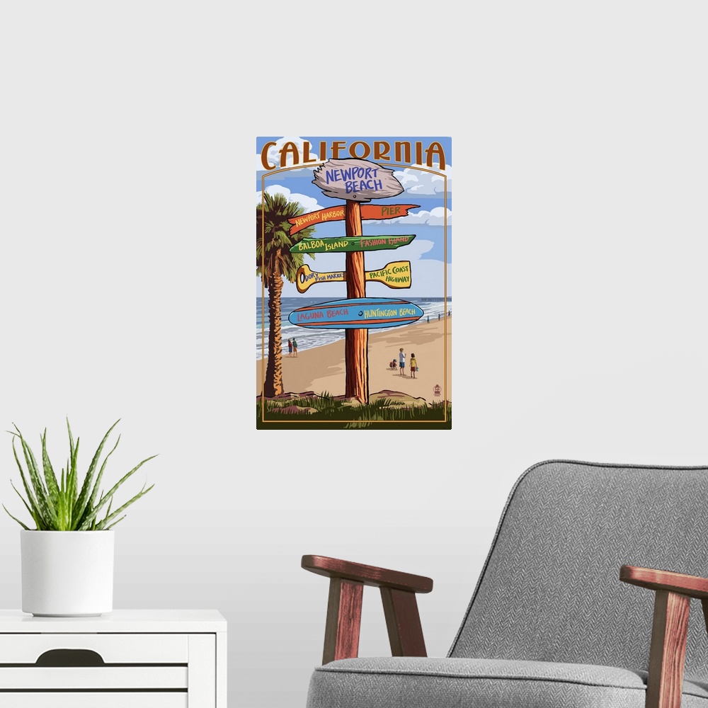 A modern room featuring Newport Beach, California - Destination Sign: Retro Travel Poster
