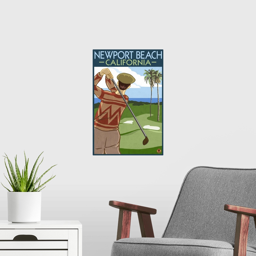 A modern room featuring Newport Beach, California - Golfer: Retro Travel Poster