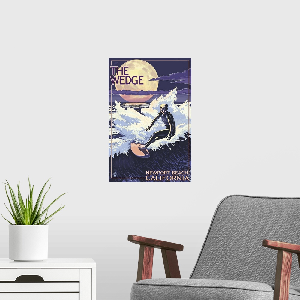 A modern room featuring Newport Beach, California - Surfing The Wedge: Retro Travel Poster