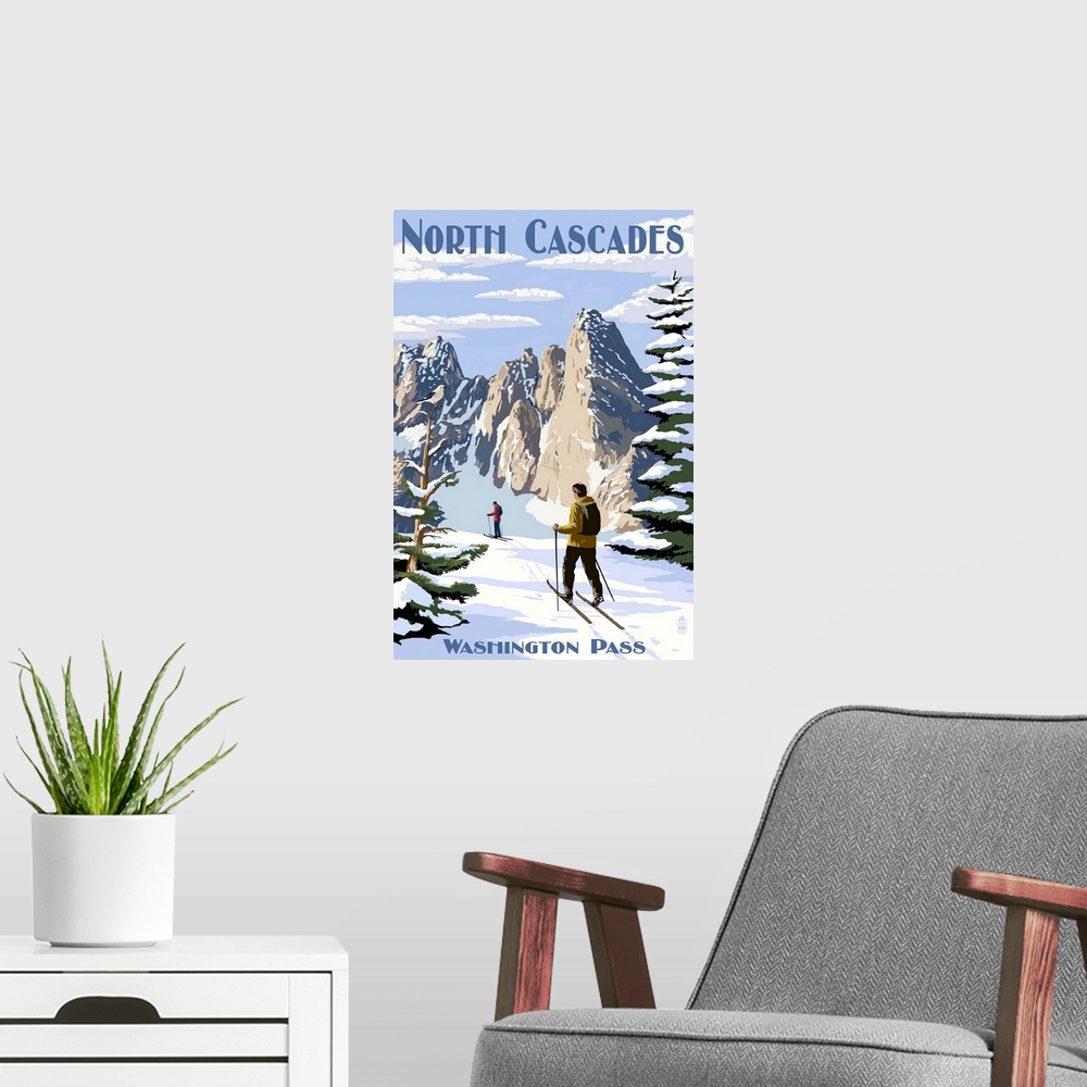 A modern room featuring North Cascades, Washington - Cross Country Skiing: Retro Travel Poster