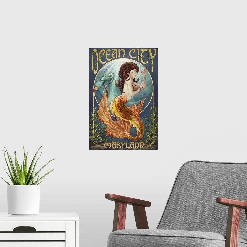 A modern room featuring Ocean City, Maryland - Mermaid: Retro Travel Poster