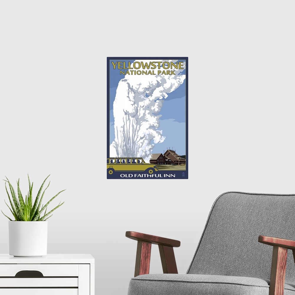 A modern room featuring Old Faithful Lodge and Bus - Yellowstone National Park: Retro Travel Poster